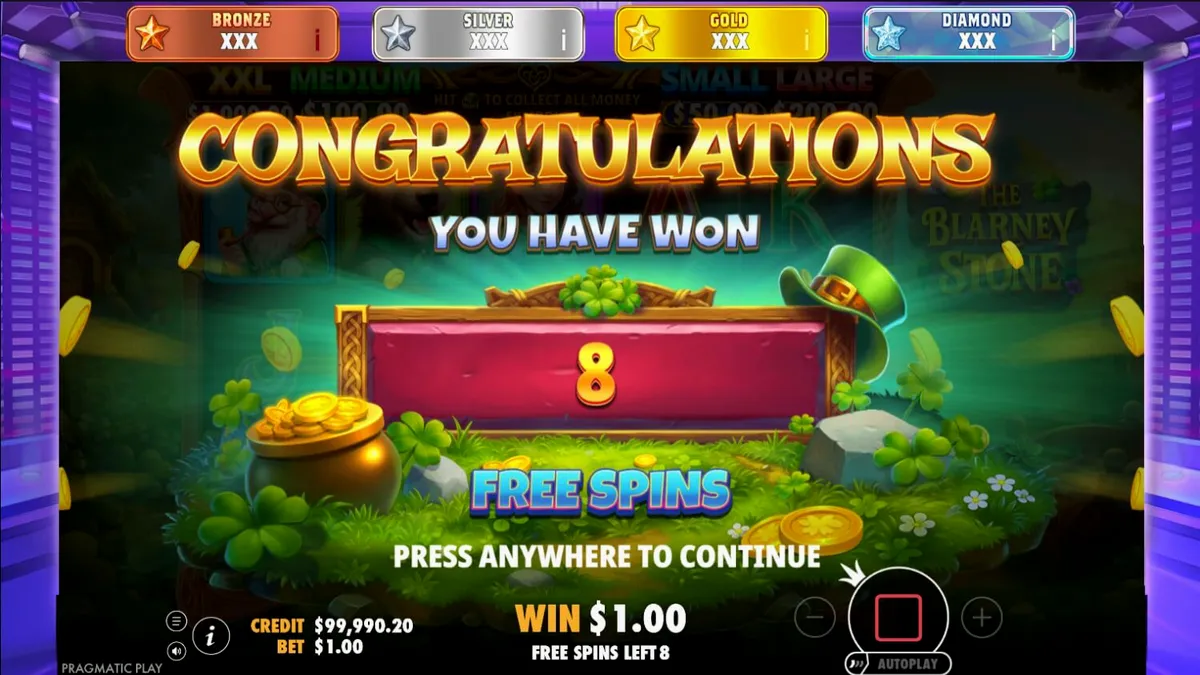 The Blarney Stone slot machine interface with Irish theme