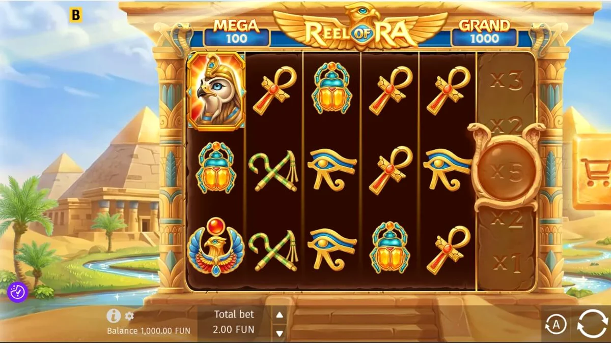 Pemandangan kuil Mesir kuno dengan gulungan slot Reel of Ra yang bersinar di tengah gurun.